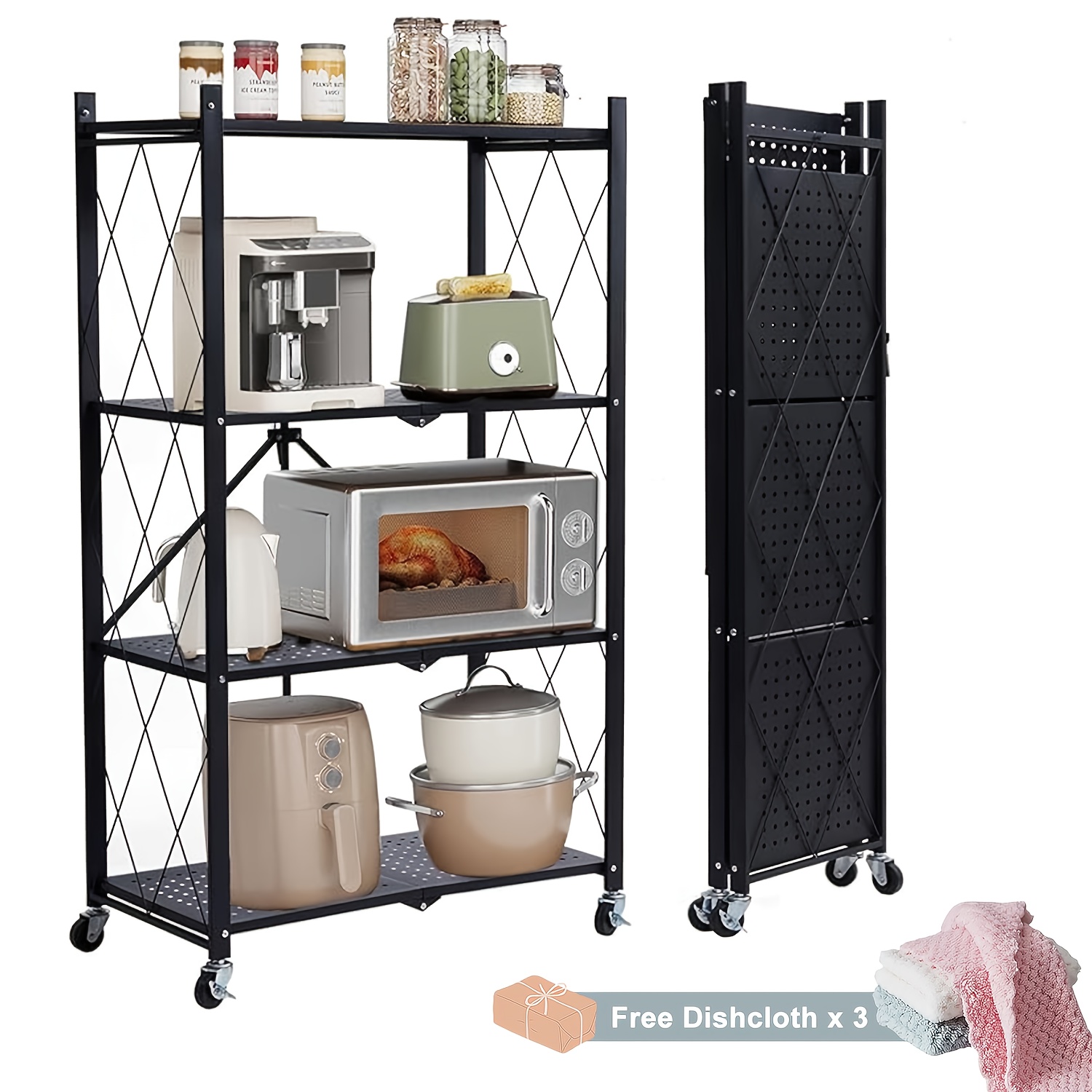 Étagère pliable 4 niveaux avec roulettes