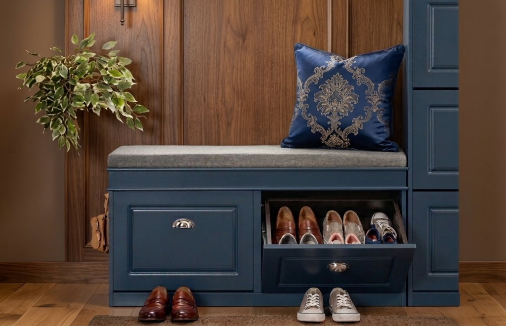 Banc bleu sous une fenêtre fleurie