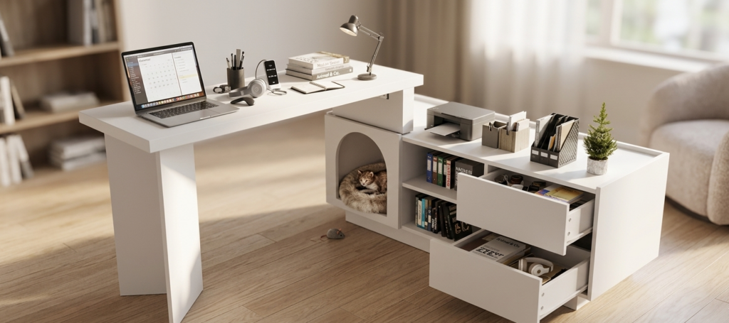 Bureau blanc avec niche pour chat et étagères.
