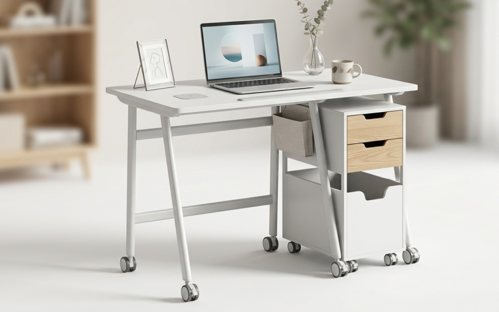 Bureau blanc moderne à roulettes avec tiroirs.