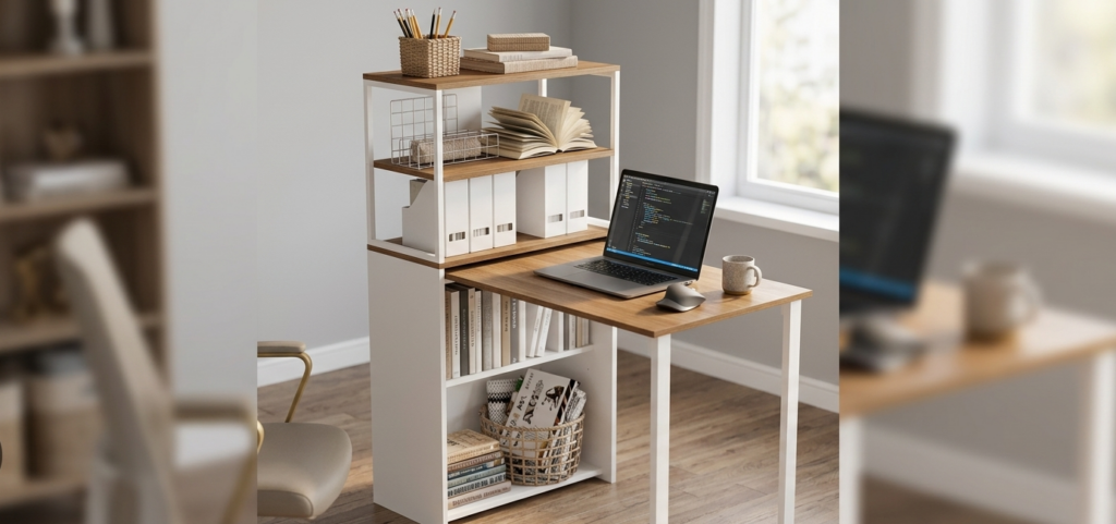 Bureau compact avec bibliothèque, gain place.