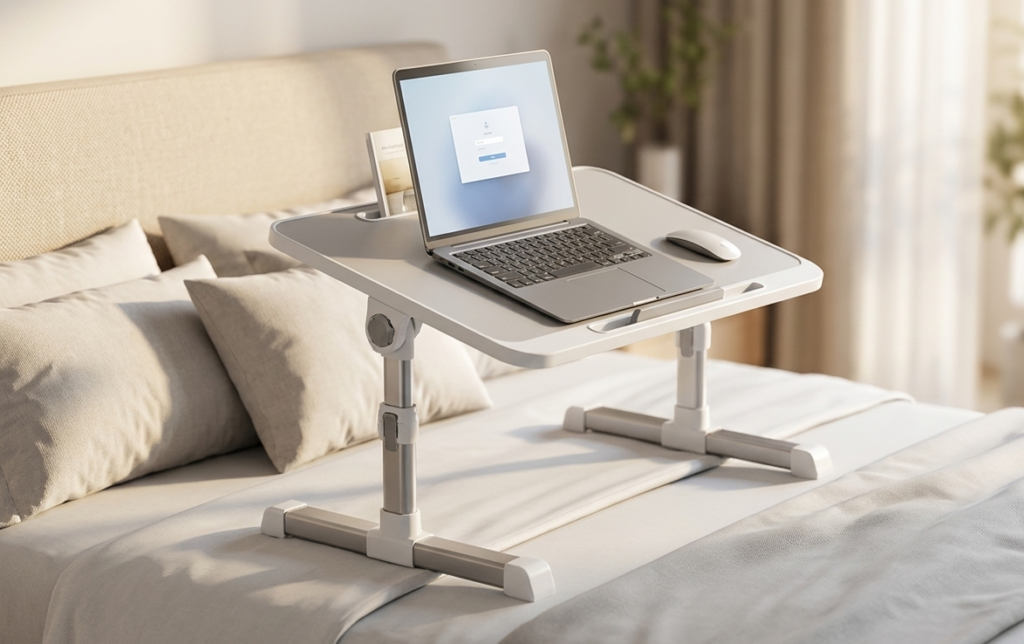 Bureau de lit ergonomique ajustable avec ordinateur portable.