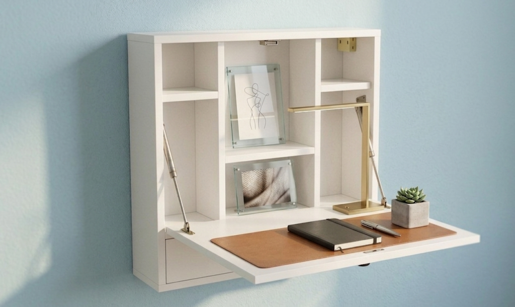 Bureau mural blanc avec notes manuscrites.