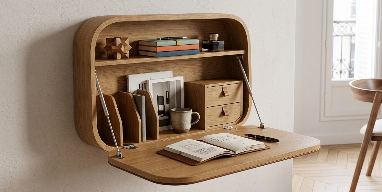 Bureau mural rabattable avec étagère intégrée