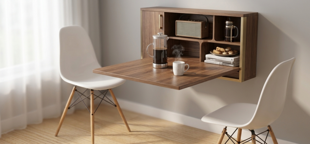 Bureau mural rabattable en bois avec chaises.