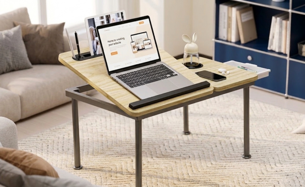 Bureau nomade ajustable avec ordinateur dans un salon.