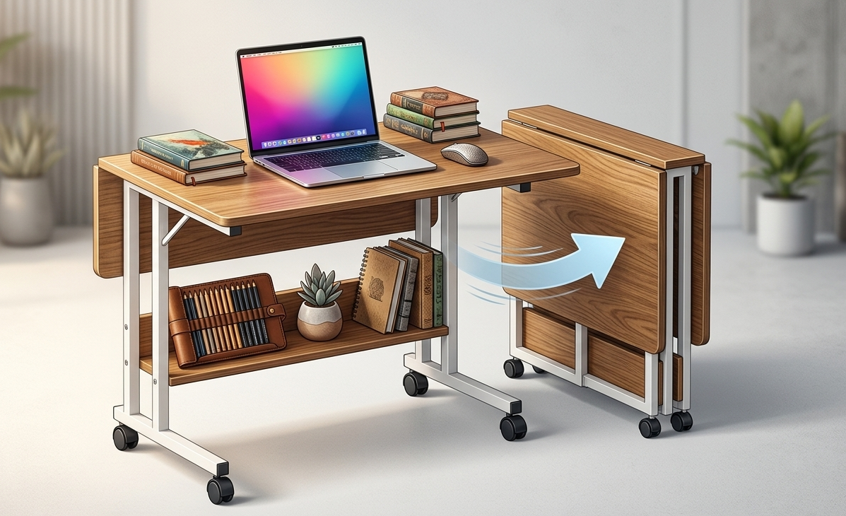 Bureau pliable avec roulettes et étagère 80 cm