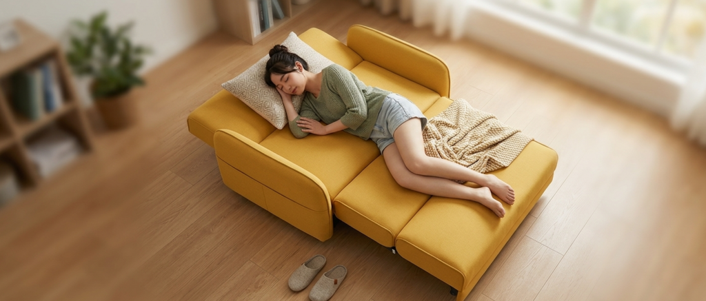 Canapé convertible jaune moutarde.