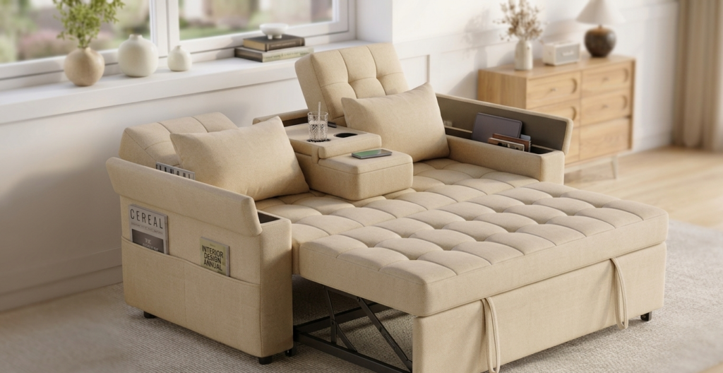 Canapé-lit modulaire beige avec rangements.