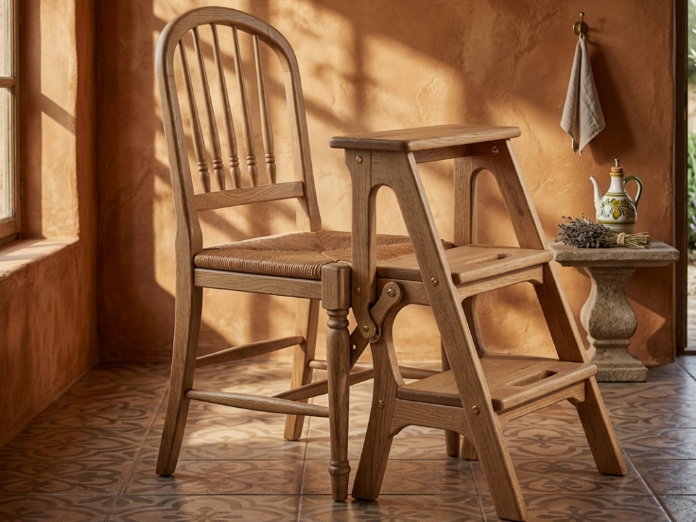 Chaise escabeau en bois 2 en 1 : meuble polyvalent