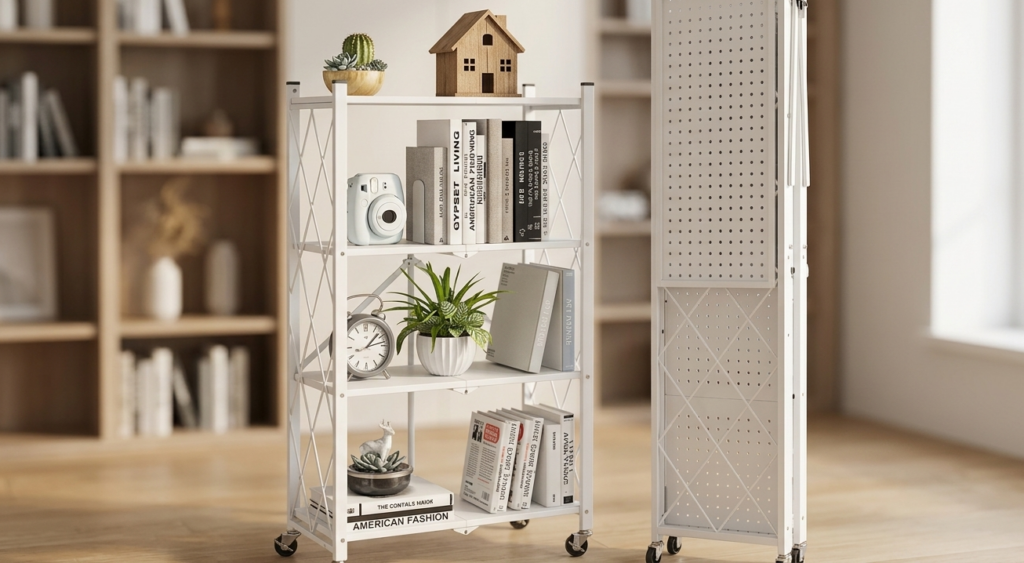 Étagère blanche pliable à roulettes.