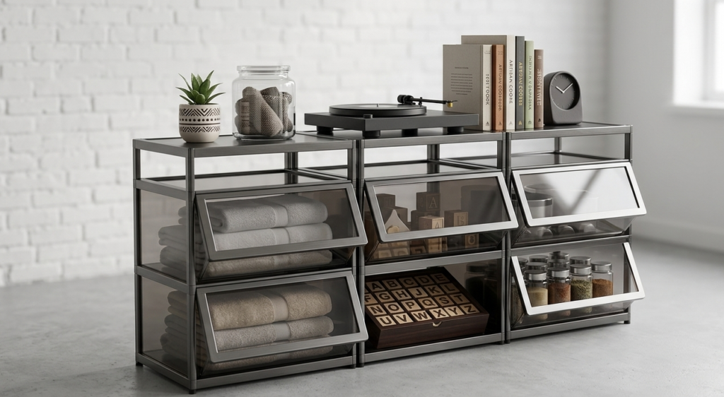 Étagère métallique avec casiers de rangement vitrés