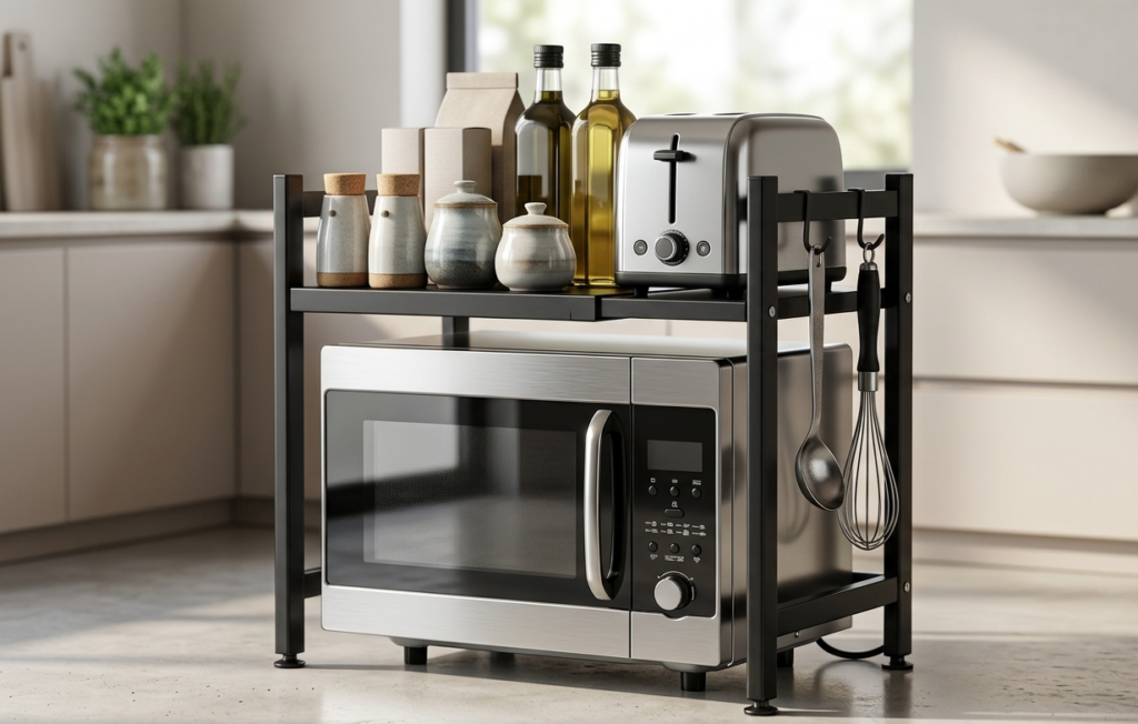 Étagère métallique pour micro-ondes avec accessoires.