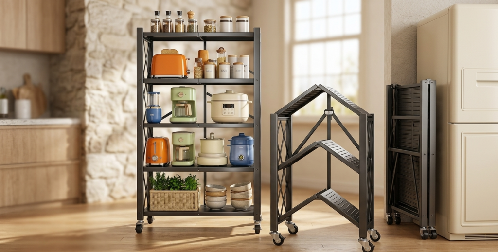 Étagères de rangement pliables sur roulettes, cuisine moderne.