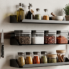 Étagères murales avec épices et ustensiles.