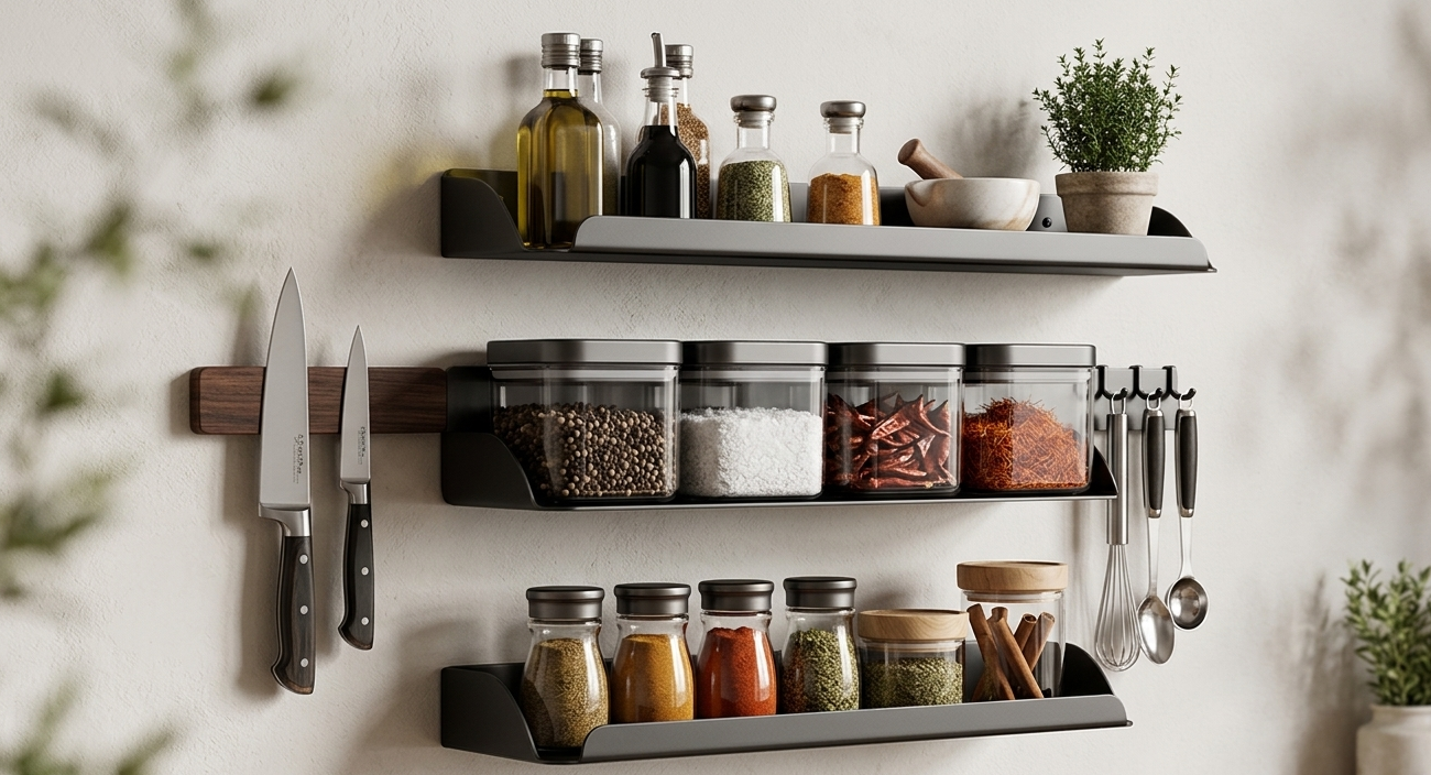 Étagère murale porte-épices avec boîtes intégrées