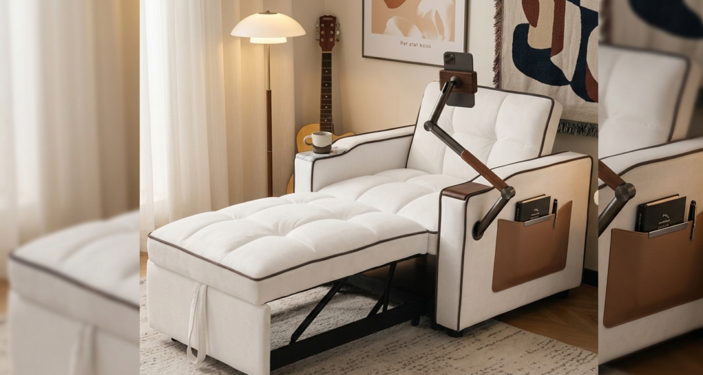 Fauteuil convertible blanc avec support téléphone intégré pratique.