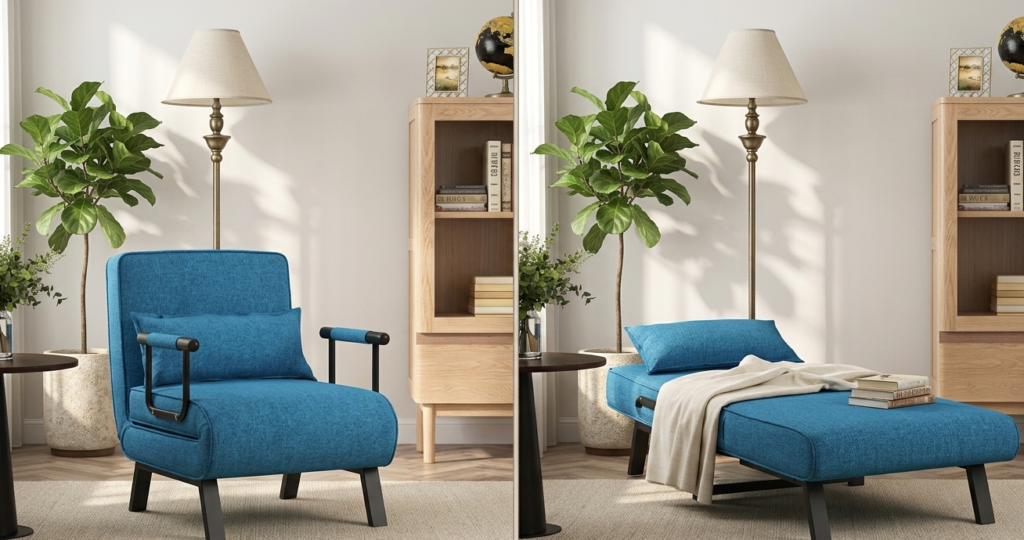 Fauteuil convertible bleu se transformant en lit