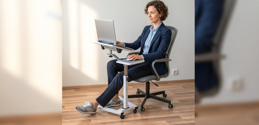Femme travaillant sur un bureau mobile.