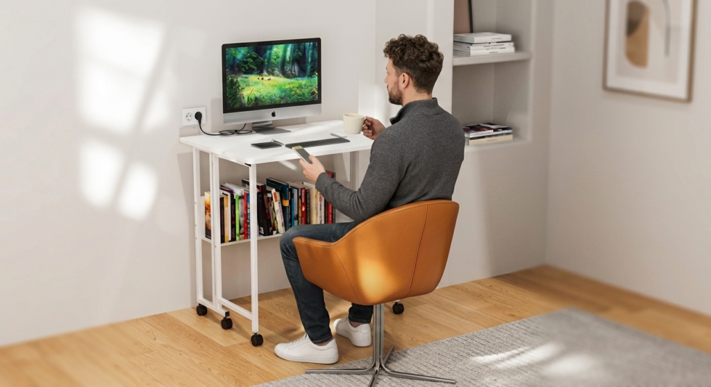 Homme travaillant sur bureau compact.