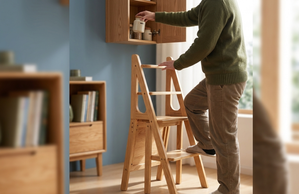 Homme utilisant un escabeau en bois
