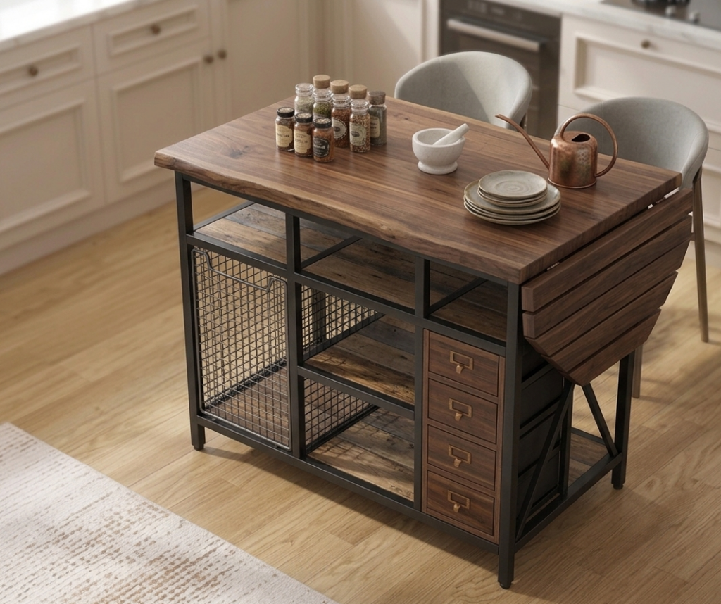 Îlot de cuisine industriel avec table rabattable.