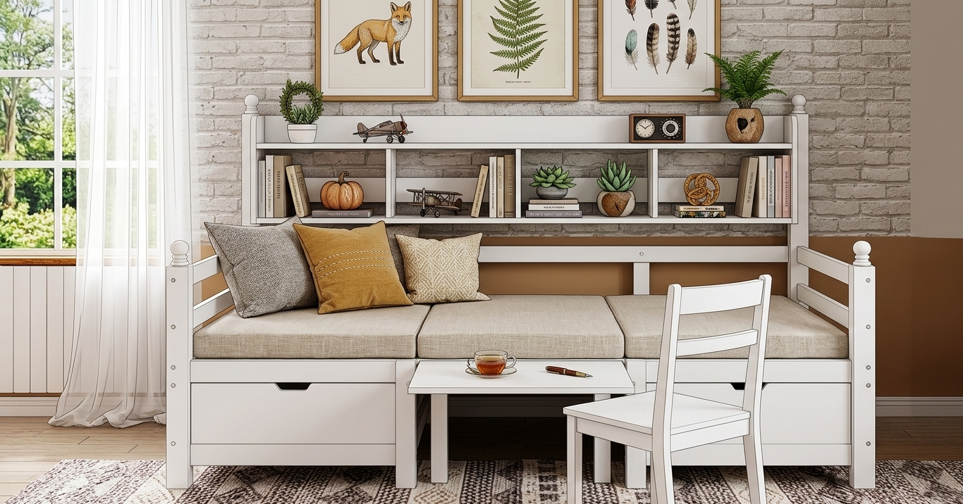 Canapé-lit multifonction 90×200 cm avec bureau intégré : malin