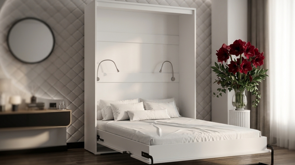 Lit escamotable blanc élégant avec liseuses intégrées.Lit escamotable blanc élégant avec liseuses intégrées.