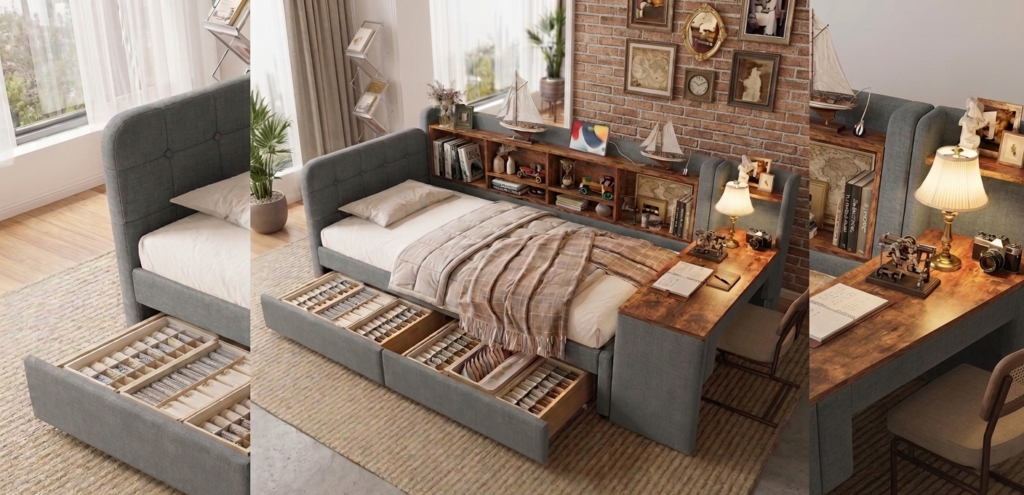 Lit multifonction gris avec bureau et tiroirs intégrés.