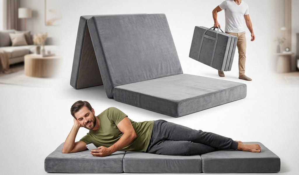 Matelas pliant gris transportable et convertible.