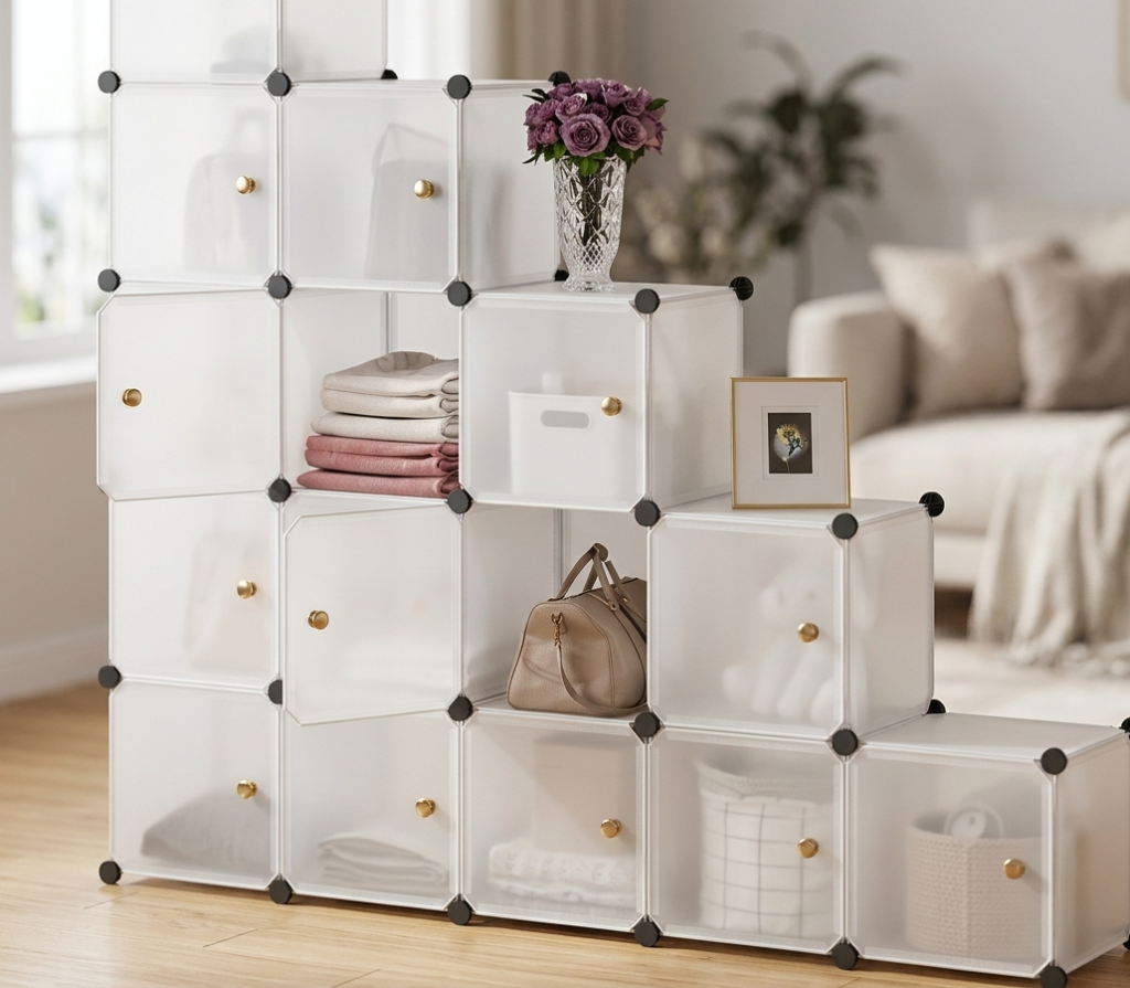 Meuble de rangement modulaire blanc translucide.