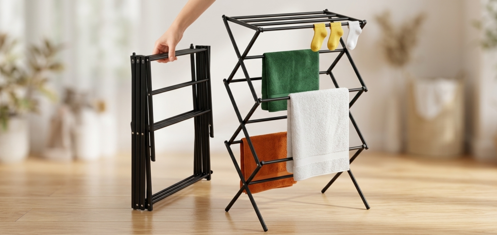 Petit séchoir à linge pliant noir.
