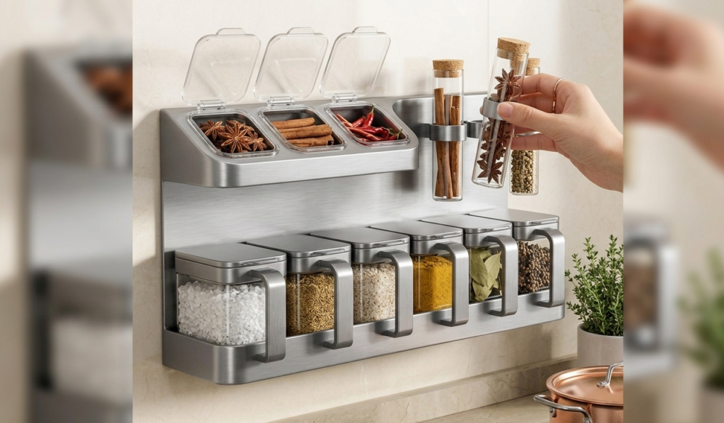Rangement mural pour épices avec bocaux intégrés.