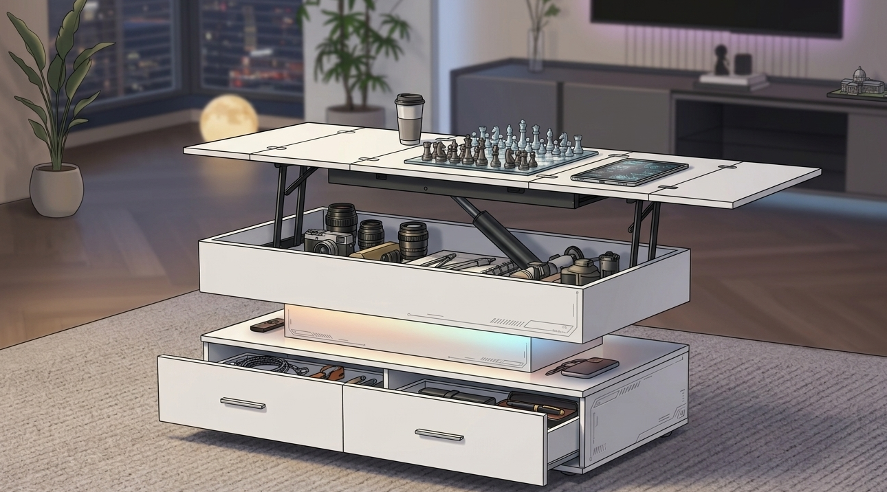 Table basse relevable et extensible avec rangement