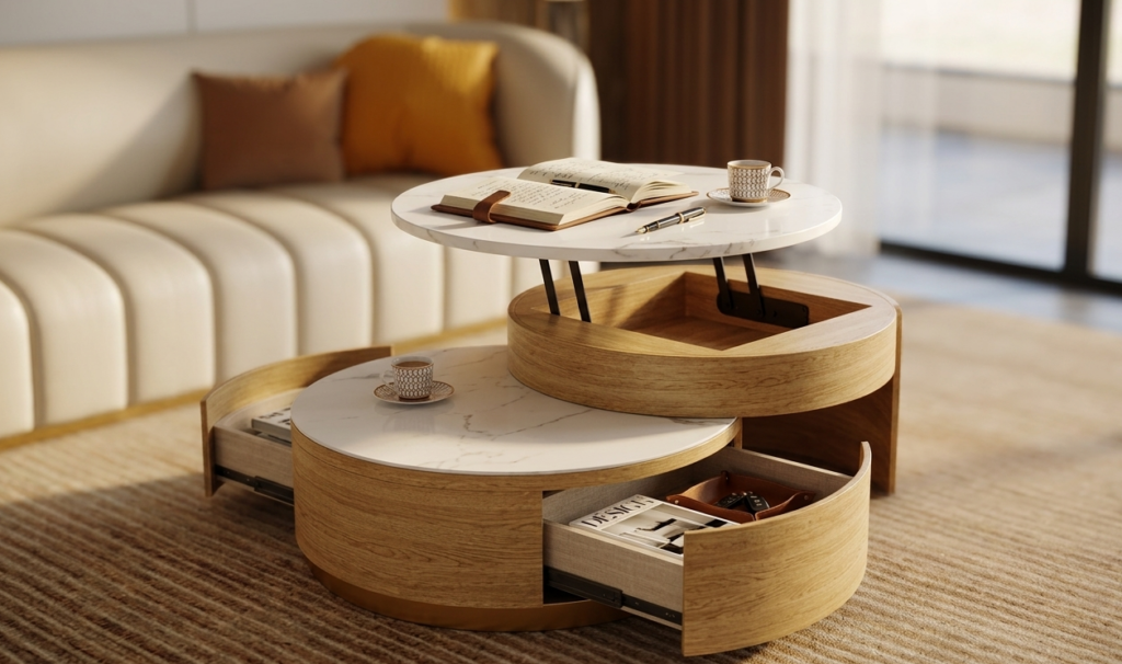 Table basse gigogne avec tiroirs et plateau relevable