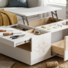 Table basse multifonctionnelle, montage, outils, rangement.