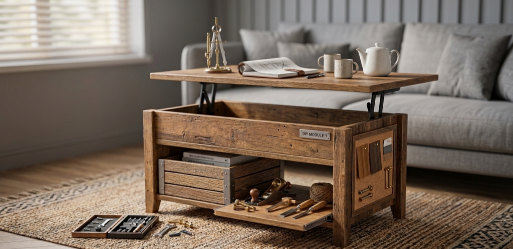 Table basse relevable en bois, outils et théière.