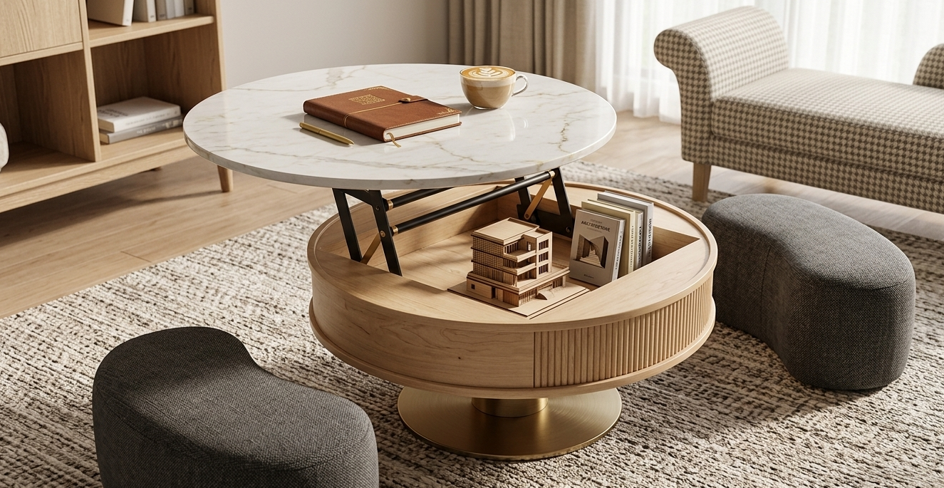 Table basse ronde érable clair avec plateau relevable