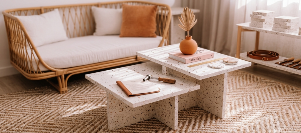 Table basse terrazzo, canapé rotin, décor.