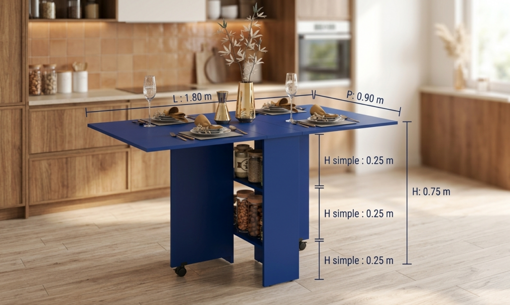 Table de cuisine pliable bleue avec dimensions indiquées.