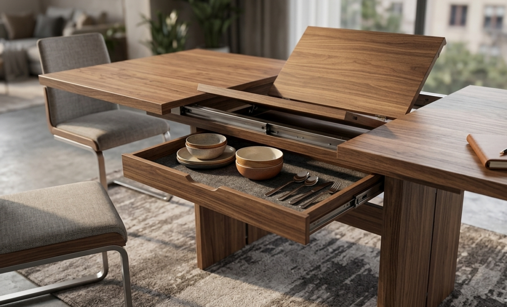 Table en bois avec tiroir de rangement intégré.
