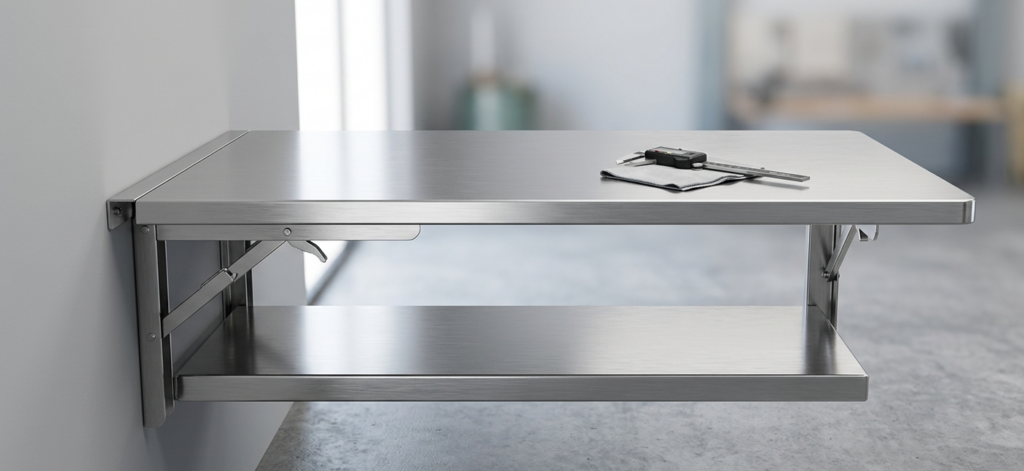 Table murale pliable en inox avec étagère.