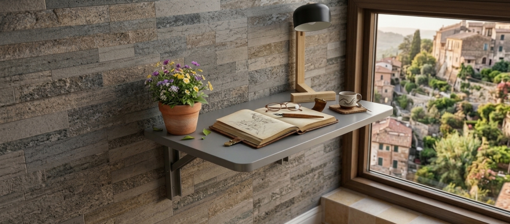 Table murale rabattable devant fenêtre.