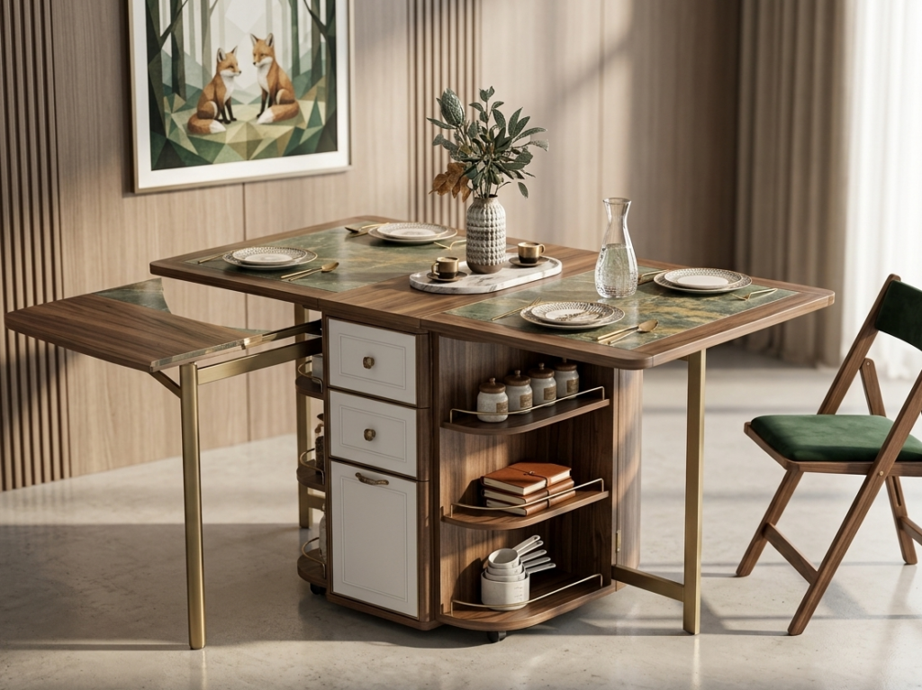 Table pliante multifonction avec étagères et rangements.