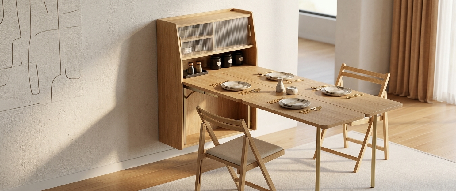 Table pliante murale avec chaises, design.