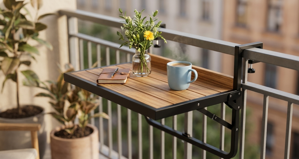 Table suspendue de balcon en bois et métal.