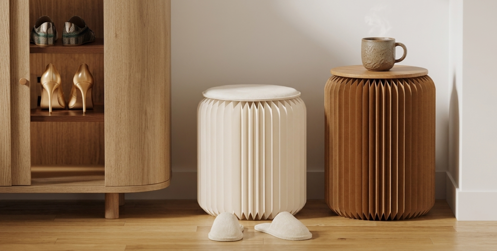 Tabourets en papier pliables dans une entrée