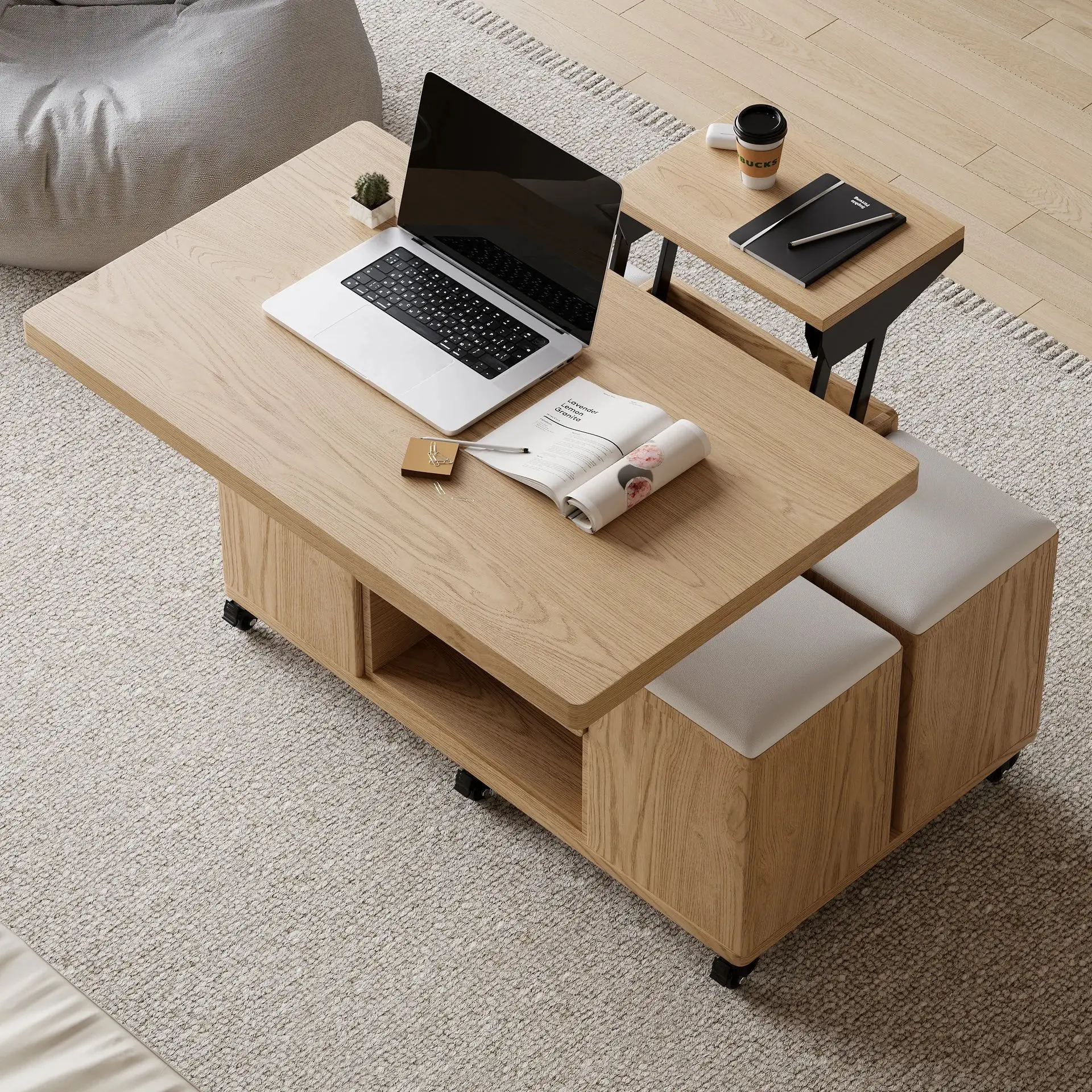 Table basse relevable multifonction 4 en 1