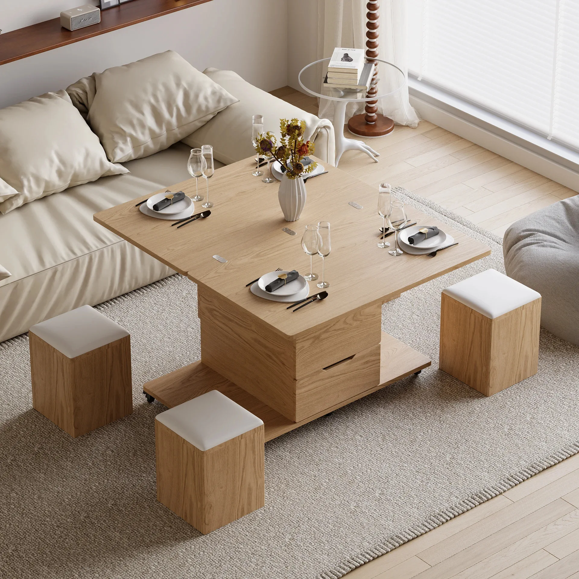 Table basse relevable multifonction 4 en 1