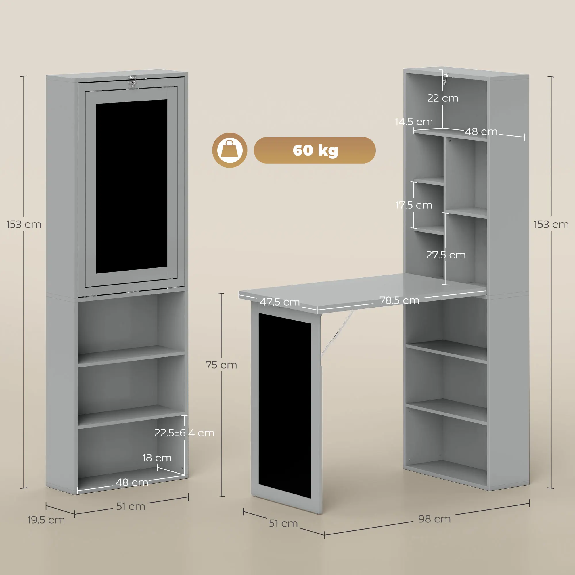 Bureau mural rabattable avec tableau craie
